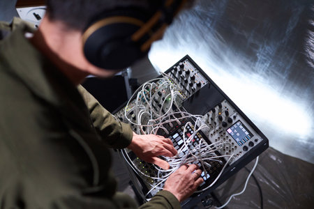 High angle shot with focus on audio mixer board with numerous wires used by unrecognizable sound producer in studioの写真素材