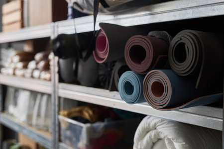 Closeup of sleeping mats rolled and stacked on shelf in warehouse of refugee help center, copy spaceの写真素材