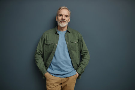 Waist up portrait of bearded mature man looking at camera against grey background, copy space