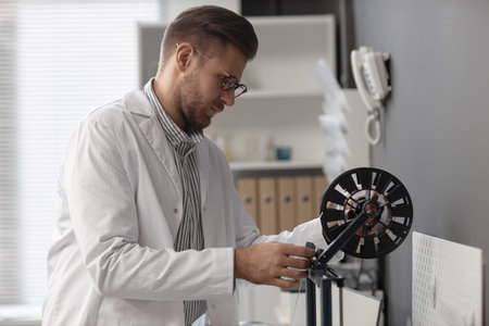 Medium shot of Caucasian man technician wearing glasses setting up 3D printer with filament spool in engineering laboratoryの写真素材