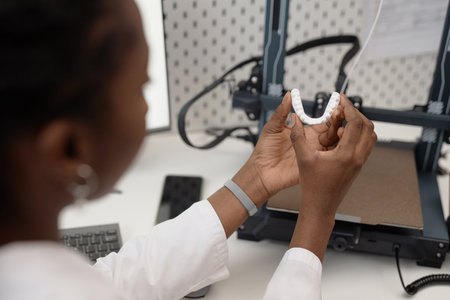 Over the shoulder shot of manufactured while-colored 3D human jaw sample in hands of Black woman...