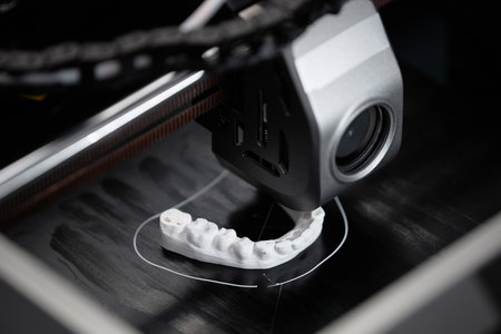 Macro shot of 3D printer extruder producing white-colored human lower jaw bone sample in engineering...