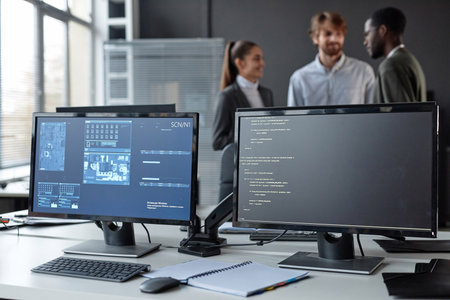 PC computers with code lines and blue data on screen at desk in cybersecurity company with diverse...