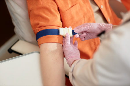 Close up nurse preparing patient for blood test in procedure room at clinic and putting tourniquet on arm copy spaceの写真素材