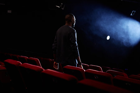 Dramatic back view of artist walking towards stage in empty theater audience with spotllght copy...