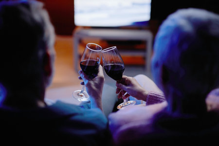 Back view of unrecognizable adult couple watching movie together and clinking wine glasses during date night copy spaceの写真素材