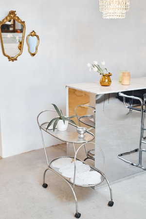 Vertical background image of luxury bar area in minimal white tones with bar counter and decor, copy...