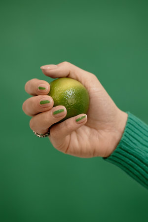 Vertical studio shot of womans hand with trendy manicure designed with green streak holding lime on green background, copy spaceの写真素材