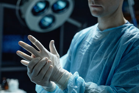 Cropped shot of surgeon wearing protective gloves preparing for surgery in operating room copy spaceの写真素材
