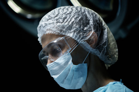 Side view portrait of mature female surgeon wearing protective mask and glasses performing surgery in operating room copy spaceの写真素材