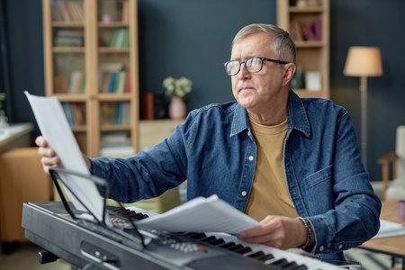 Portrait of senior man playing piano and reading sheet music while enjoying creative hobby in...