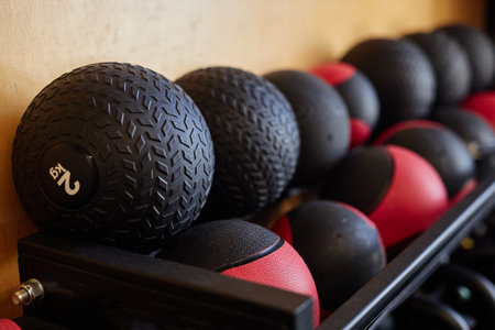 Close up background image of medballs on equipment rack in weight training gym copy space