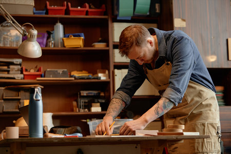 Man working in well-organized workshop surrounded by tools and materials, crafting wooden projects with focused precisionの写真素材