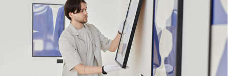 Header image of young man hanging abstract art pictures on wall while planning modern art gallery exhibition copy spaceの写真素材