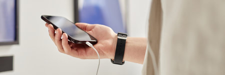 Cropped header image of male hand holding smartphone in modern art gallery copy spaceの写真素材