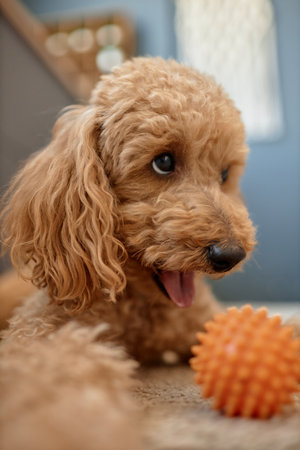 Poodle laying on floor with an orange toy in cozy living room, showing playful expression and shaggy furの写真素材