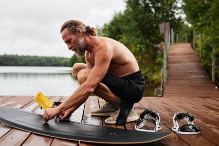Full length side view portrait of active mature man cleaning and polishing wakeboarding equipment on wooden pier by lake copy spaceの写真素材
