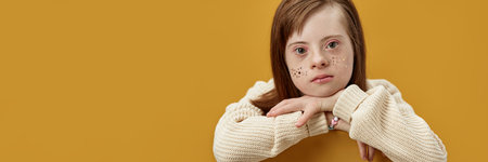 Minimal header image of cute young girl with disability with glitter freckles looking at camera over...