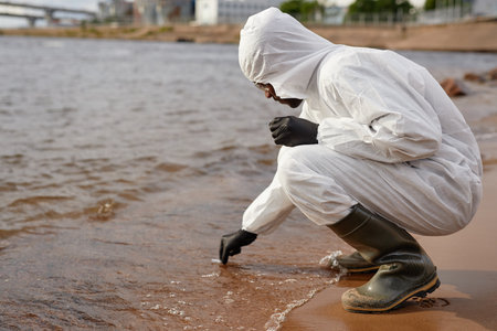 Side view shot of unrecognizable scientist wearing protective suit doing tests on water at industrial site outdoors, copy spaceの写真素材