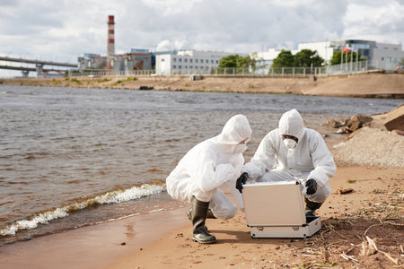 Wide angle view at two of unrecognizable scientists wearing hazmat suits and opening test kit while doing probes on water outdoors, copy spaceの写真素材