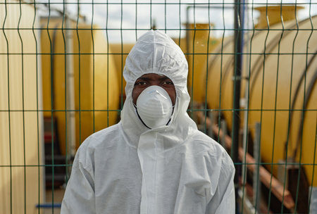 Front view portrait of African American man wearing hazmat suit and looking at camera standing...