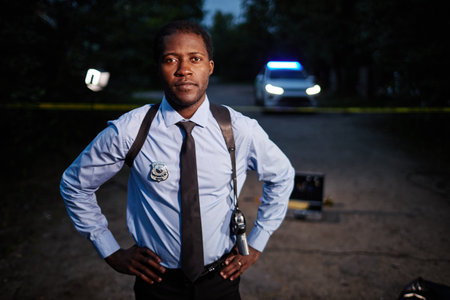 Waist up portrait of young African American man as police officer wearing uniform standing at crime scene at nights and looking at camera, copy spaceの写真素材