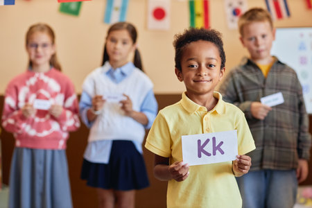Waist up portrait of boy holding letter card and looking at camera with group of children learning...