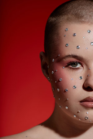 Vertical half portrait of young woman wearing make up with gems looking at camera on red backgroundの写真素材