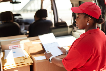 Woman in red shirt and cap organizing packages in vehicle, preparing them for delivery. Image captures her side profile working diligently in organized workspaceの写真素材