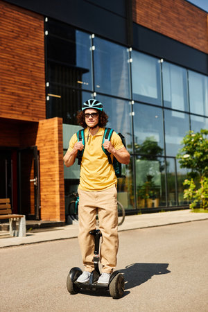 Man riding Segway in urban area wearing helmet and backpack standing in front of modern glass...