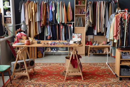 Background shot of thrift store selling second hand unique clothing hanging on rack and fashion accessories displayed on table, copy spaceの写真素材