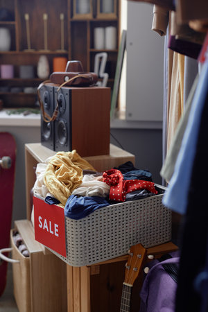 Vertical background shot of box piled with clothes offered for sale at thrift store, copy spaceの写真素材