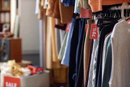Background shot of pre owned clothes hanging on rack with discount tag offered for sale at thrift store or charity shop, copy spaceの写真素材