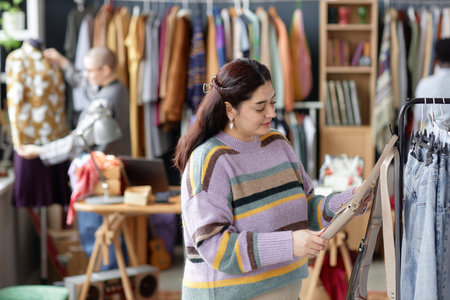 Side view medium shot of smiling Middle Eastern female customer in vintage sweater choosing second hand designer bag at thrift store, copy spaceの写真素材