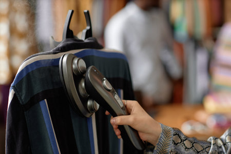 Cropped shot of unrecognizable female shop assistants hand with handheld steamer cleaning second hand clothes at thrift store, copy spaceの写真素材