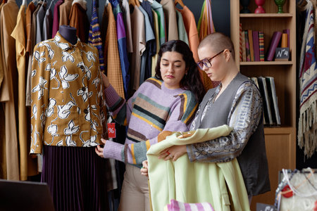 Medium full shot of fashionable stylist with buzz cut helping female Middle Eastern client choose vintage second hand clothes suggesting, blazer standing near mannequin at thrift storeの写真素材