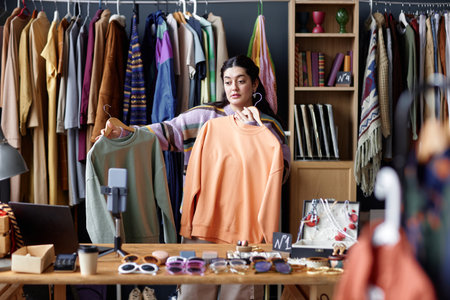 Young female sales assistant of Middle Eastern ethnicity recording video on phone at table keeping account in social networks while showing second hand sweatshirt at thrift store, copy spaceの写真素材
