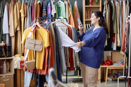 Side view of smiling Middle Eastern woman shopping for vintage shirt taking photo with phone of...