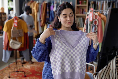 Waist up shot of young smiling Middle Eastern woman trying vintage sweater vest while shopping at second hand store, copy spaceの写真素材