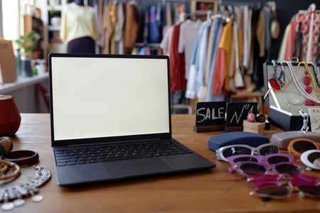 Close up on laptop with white blank screen on wooden table with second hand sunglasses and accessories at thrift shop, copy spaceの写真素材