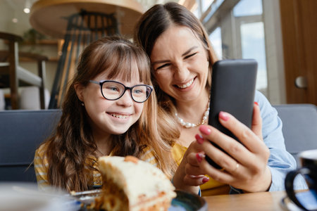 Candid portrait of happy mother and daughter with down syndrome speaking by video call in cafe, copy spaceの写真素材