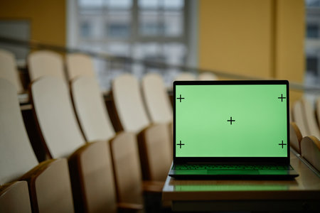 Empty university lecture hall with open laptop and green screen facing camera, copy spaceの写真素材
