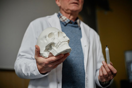 Low angle closeup of senior professor teaching medicine in class and holding human skull model, copyspaceの写真素材