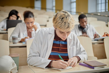 Side view portrait of young med student focusing and writing in notebook during class in lecture hall at collegeの写真素材
