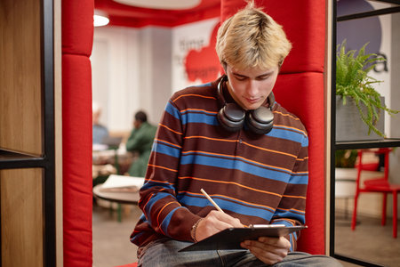 Side view portrait of teenage boy with headphones writing notes in college lounge, copy spaceの写真素材