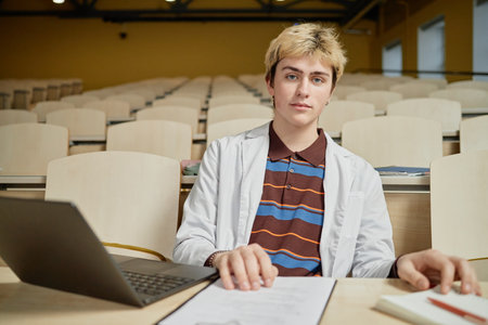 Portrait of teenage boy with bleached blond hair writing on clipboard as med student attending...