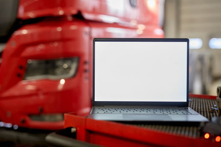 Open laptop placed on workshop bench in front of red vehicle, displaying blank white screen. Background includes blurred details of garage interior with visible tools and equipmentの写真素材