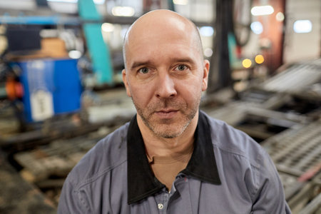 Portrait of bald man wearing work uniform and looking straight at camera in industrial setting with machines and equipment in background, enhancing the professional context and environmentの写真素材