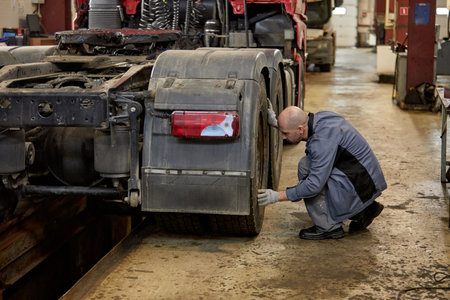 Mechanic wearing grey work uniform is repairing rear wheel of large truck in workshop with various tools and equipment visible in backgroundの写真素材