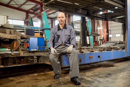 Portrait of a senior Caucasian mechanic sitting in an industrial workshop with machinery and tools around, looking straight at the cameraの写真素材